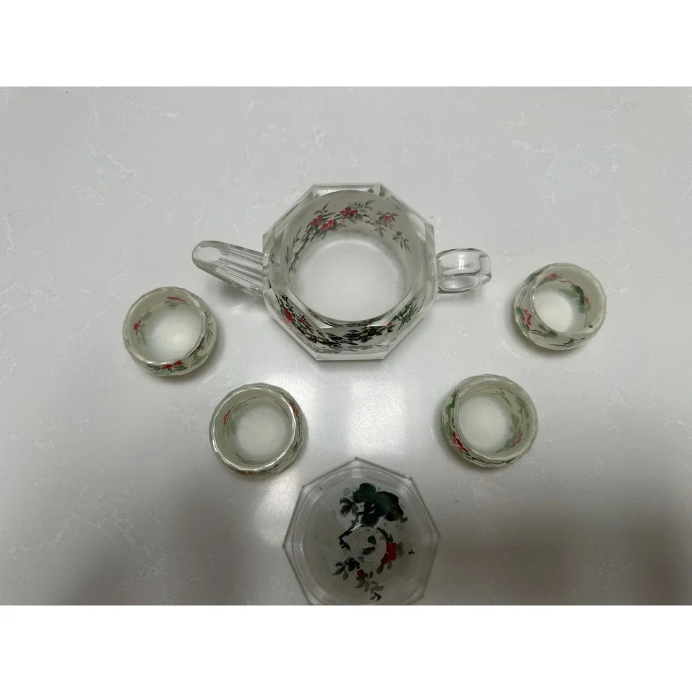 Vintage Cut Glass Miniature Tea Set‎ Teapot 4 Cups Bird Floral Motif Chinoiserie